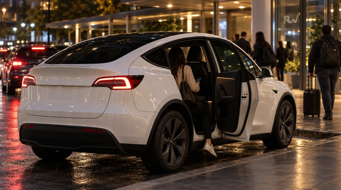 A woman steps into a white car with its rear door open on a wet street; an “RW” logo appears on the glass.