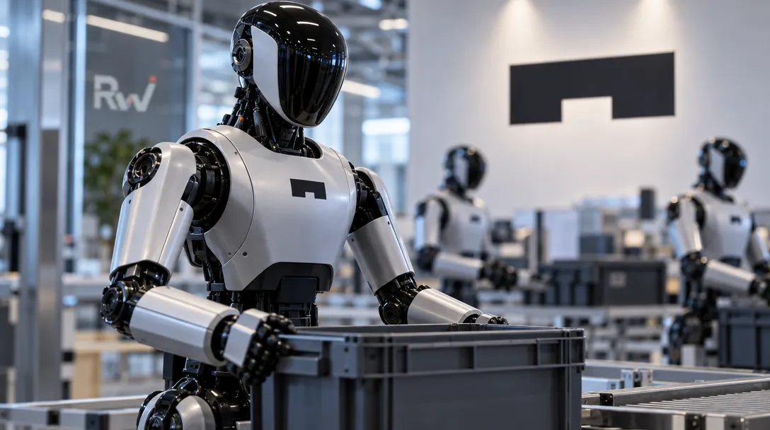 A humanoid robot grips a gray plastic bin on a conveyor, with two similar robots behind it in a bright factory.