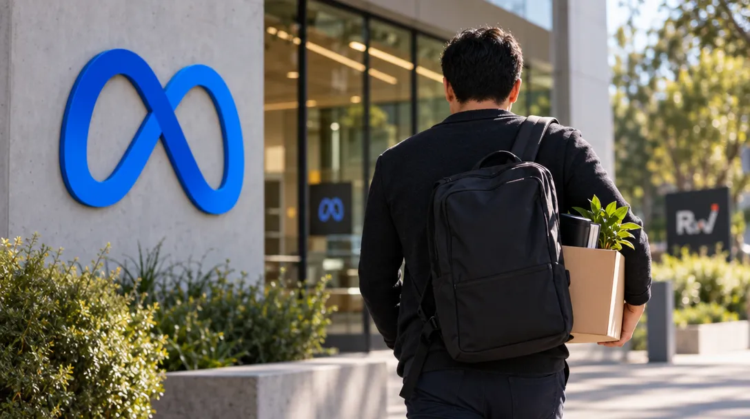 A person carrying a backpack and a box with a plant walks toward a glass building marked with the blue Meta logo.