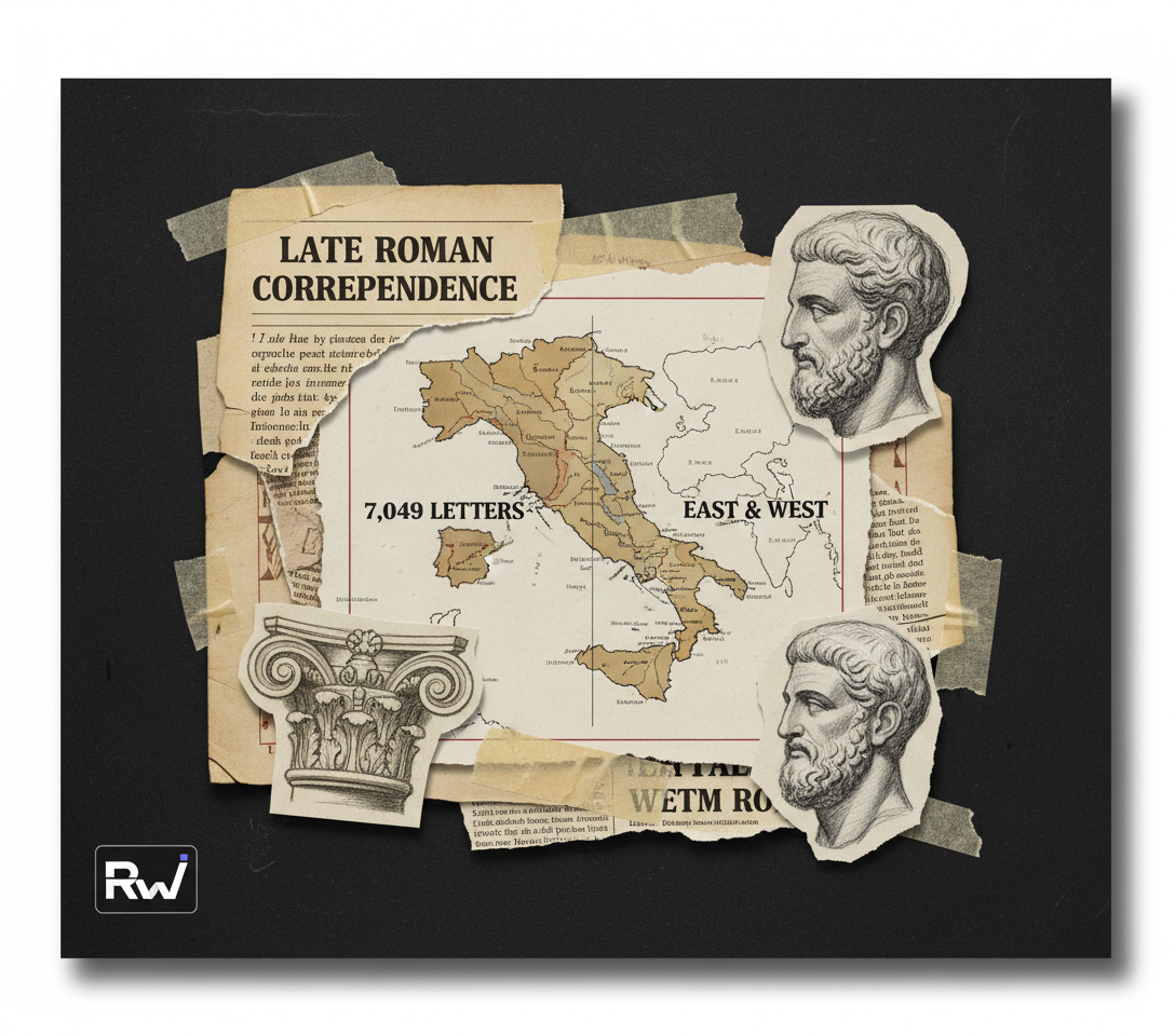 Scholarly assembly of late Roman letters, highlighting the dichotomy of Western collapse and Eastern continuity (Mixed-media paper collage — torn and cut fragments of faux parchment, printed text, and hand-drawn map sections, layered with t