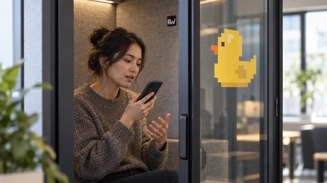 A person talks into a phone inside a quiet booth with a Rubber Duck logo on its glass door.