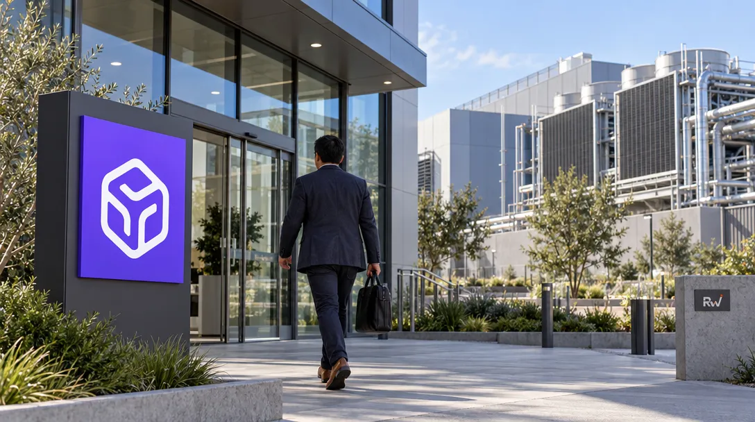An executive approaches a Runpod-branded campus entrance, with large outdoor cooling equipment visible behind the building.