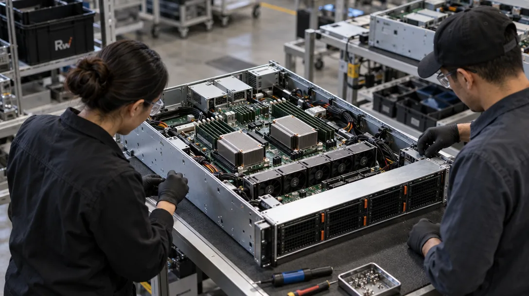 Two technicians work on an open server packed with circuit boards and fans; a nearby bin bears the “Rw” mark.