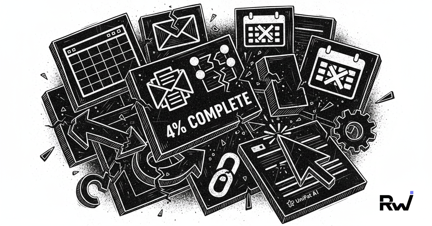 An AI agent struggling to complete a complex, multi-application digital workflow (Scratchboard / woodcut, with white scratches on black, dense crosshatching, and visible wood grain textures within the digital elements)