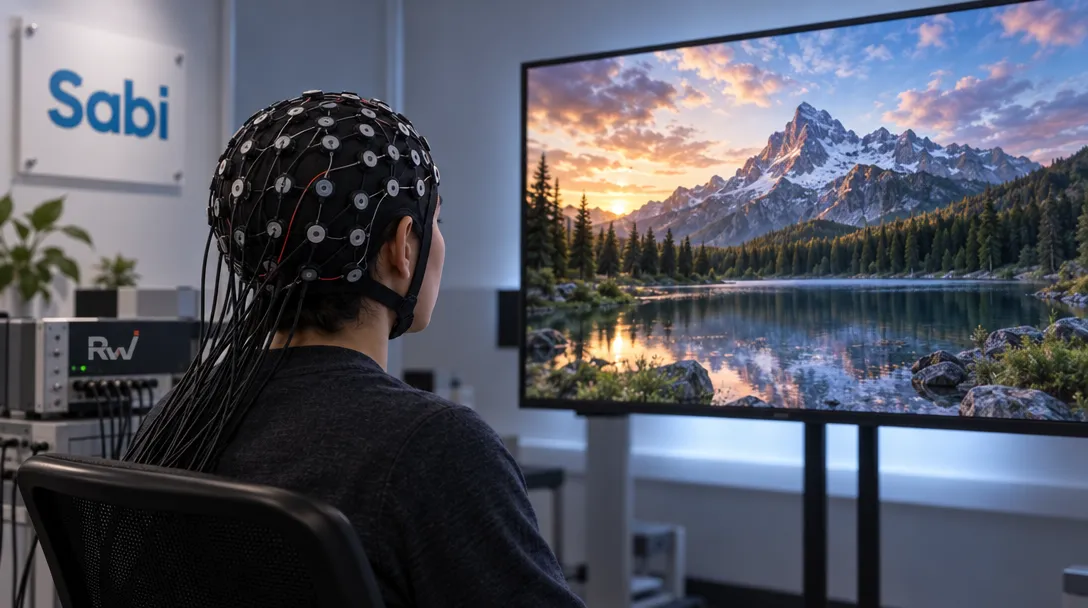 A seated person wearing a wired electrode cap faces a monitor showing a mountain lake, with “Sabi” on a wall sign.