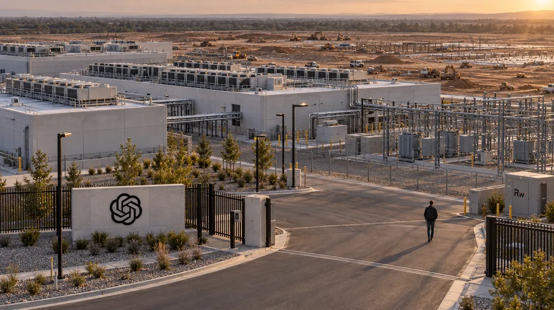 An OpenAI-branded computing campus and electrical substation spread across the landscape as one anonymous figure walks away from the entrance.