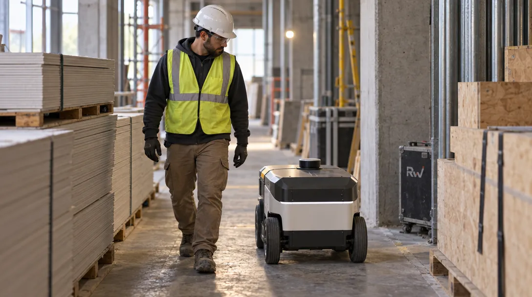 A hard-hatted worker shares a narrow worksite passage with an unbranded mobile robot.