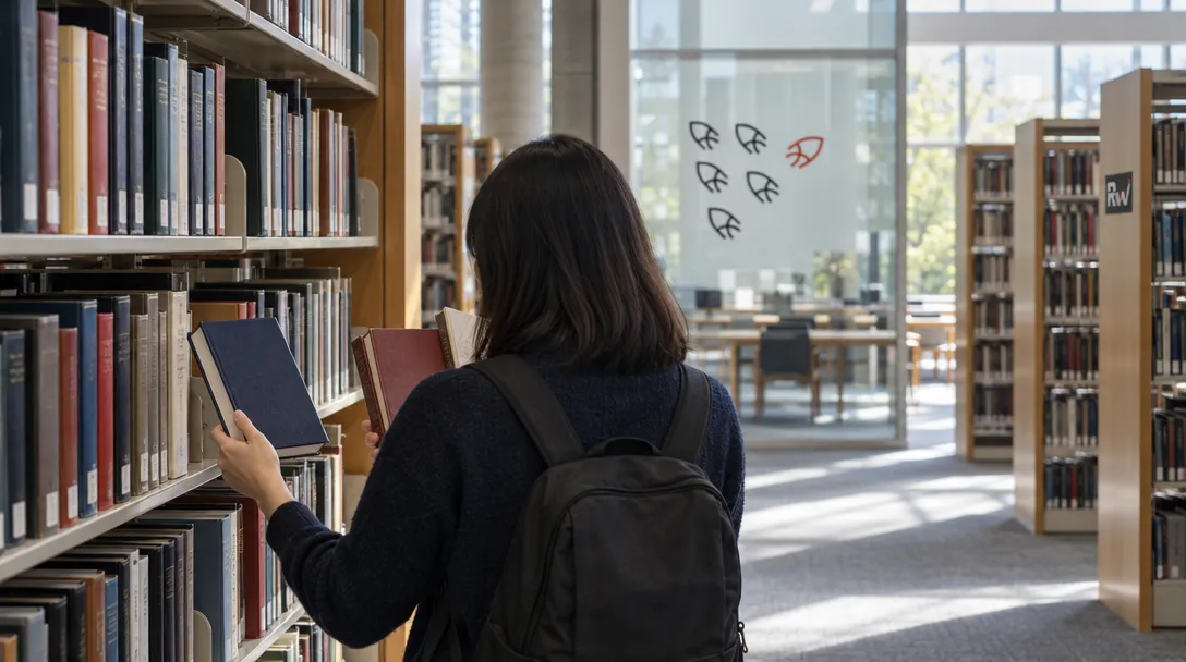 A researcher compares journals from several shelves beneath a Sakana sign in a university library.