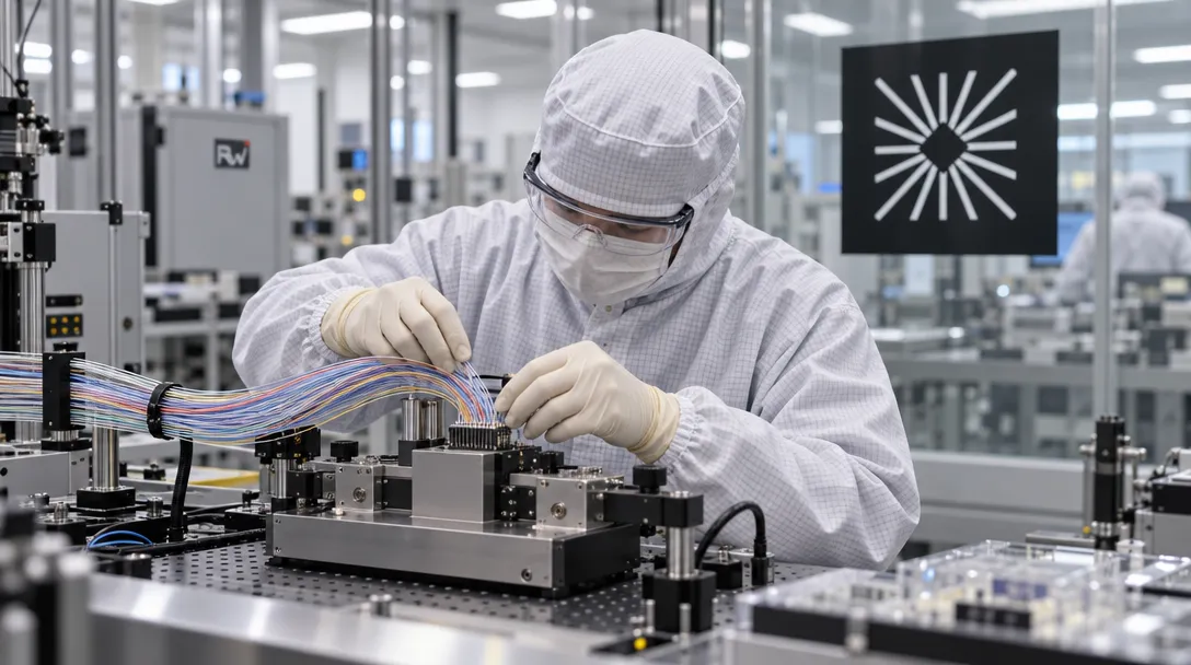 A cleanroom technician checks optical fibers on a manufacturing test line beneath a Salience Labs sign.