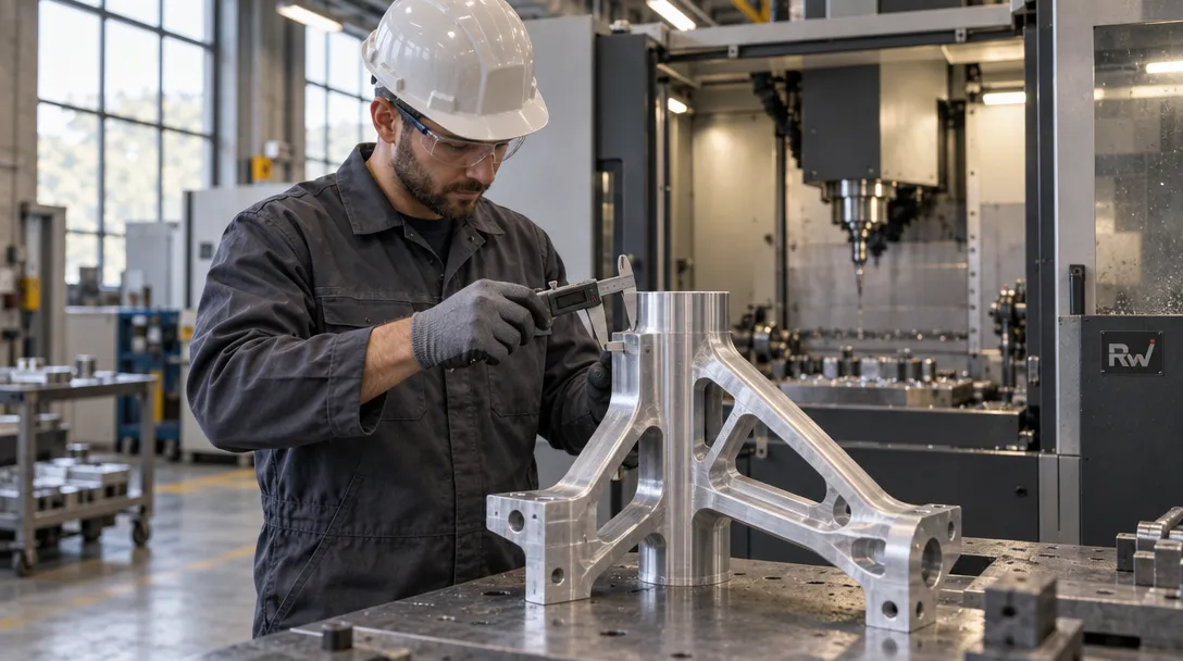 An engineer checks a precision-machined structural component beside a CNC milling cell on a factory floor.