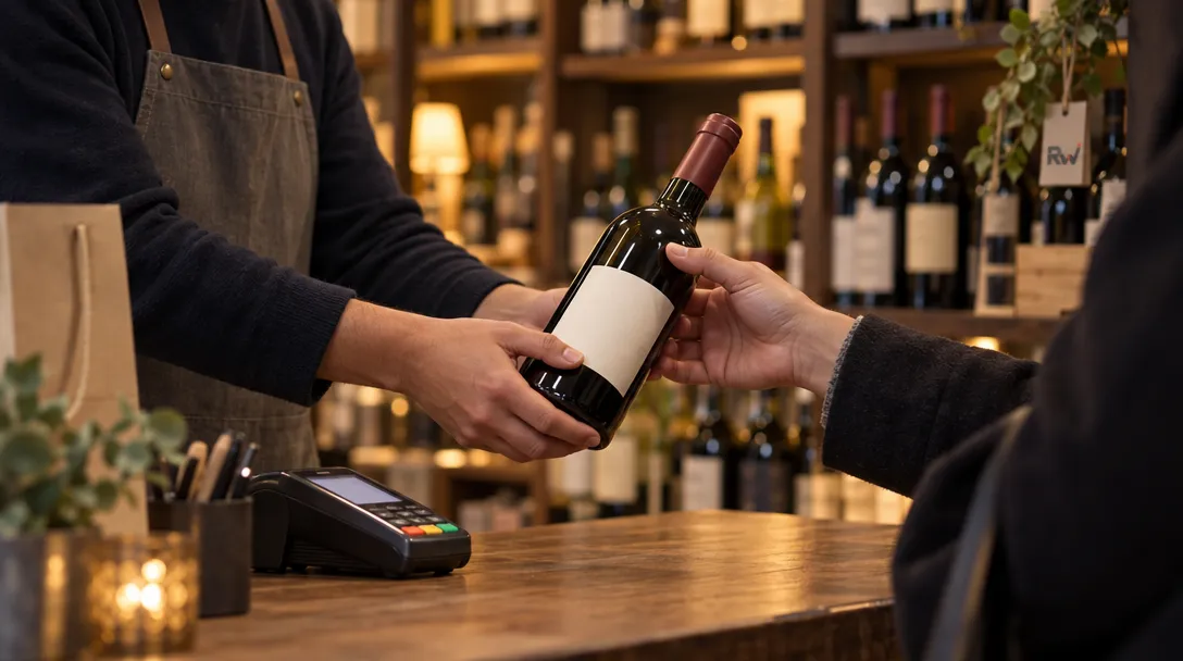 A liquor-store shopkeeper hands a wine bottle to a customer across the counter, with a payment terminal and bottle shelves nearby.