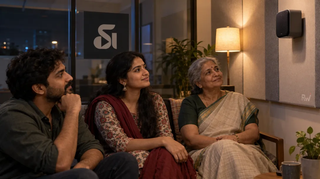 Three people listen to speech from a wall-mounted speaker in a room marked Sarvam AI.