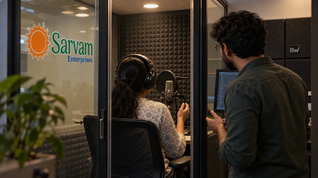 A headset-wearing tester speaks into a microphone in a voice booth while a developer stands beside a monitor beneath a Sarvam logo.