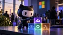 A black cat-eared robot reaches toward glowing icon blocks on a table beneath a four-color Microsoft logo.