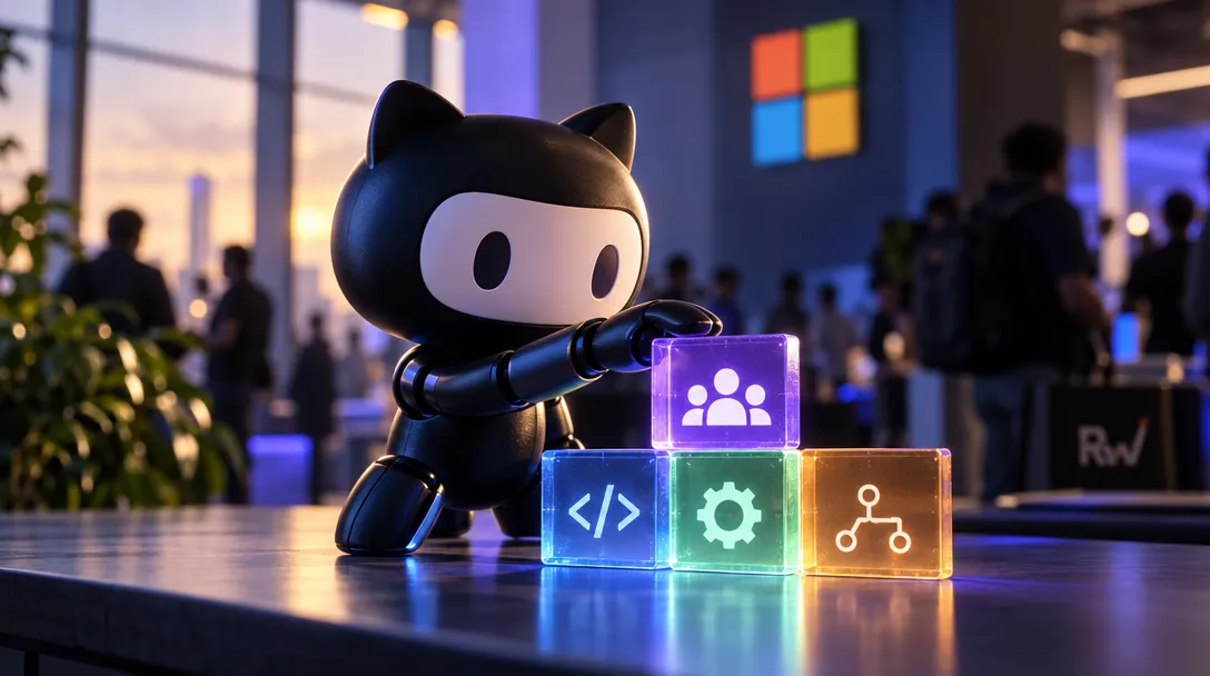 A black cat-eared robot reaches toward glowing icon blocks on a table beneath a four-color Microsoft logo.