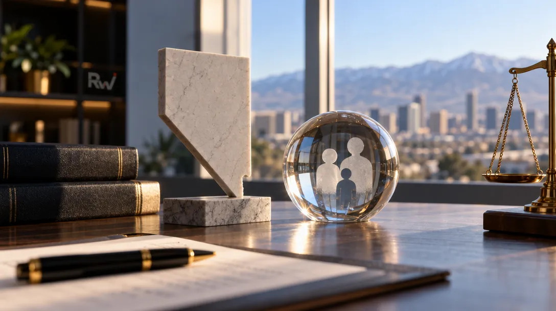 A desk holds stacked books, a stone sculpture, a glass sphere with human silhouettes, papers and a pen, beside brass balance scales.