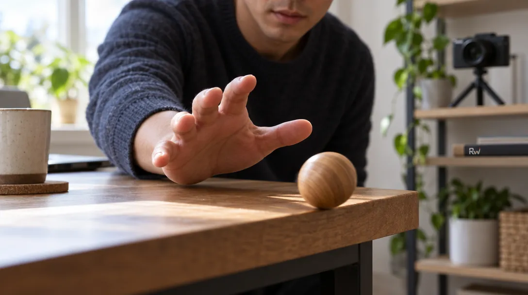 A person reaches to stop a small wooden ball rolling toward the edge of a table as a camera records the scene.