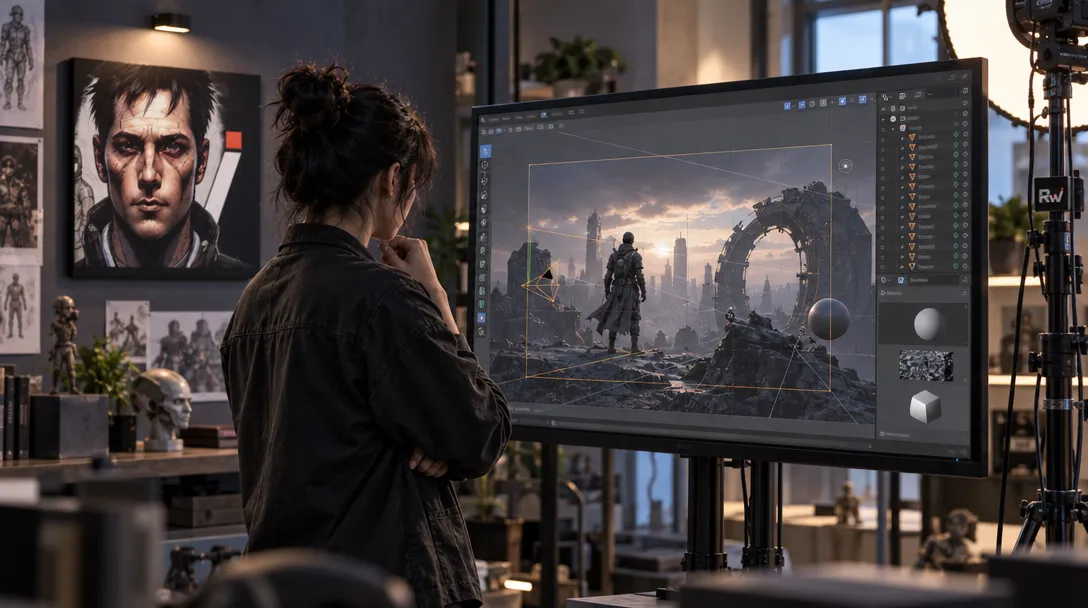 A 3D artist studies a Blender scene on a large display beneath a Scenario sign in a production studio.