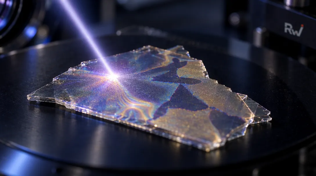 A violet laser shines on a transparent layered plate, creating iridescent patterns on a black circular platform beside equipment marked “RiW.”