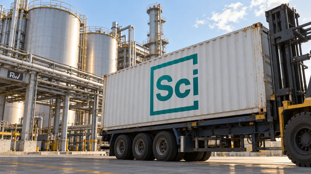 A Scimplify-marked freight container stands beside chemical storage tanks and pipework at an industrial production site.