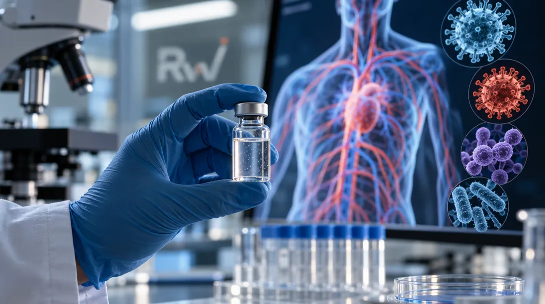 A blue-gloved hand holds a vial beside a microscope and test tubes, while a monitor displays a human torso and colorful microbes.