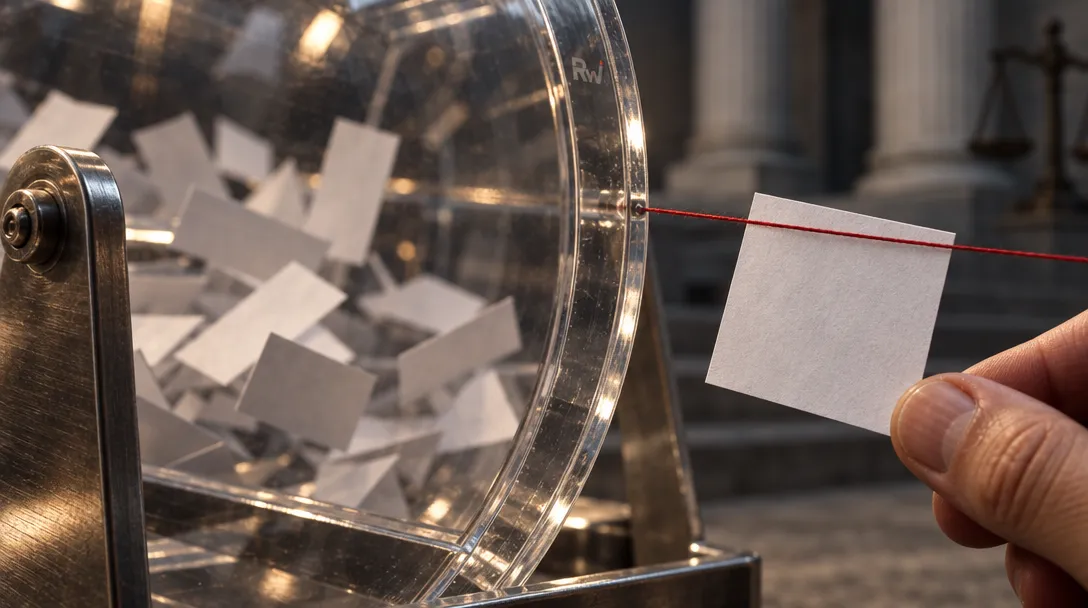 Blank raffle slips fill a drum while one is held apart, evoking Elon Musk’s PAC giveaway and class-action settlement.