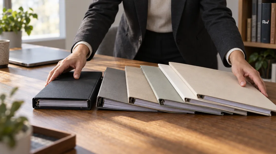 An insurance professional arranges a widening group of unmarked policy folders on a desk beside a closed laptop.