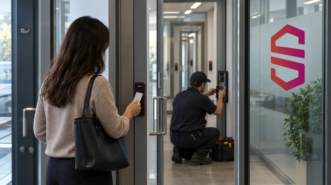 An employee waits at a dark access reader while a responder works inside a corridor marked with a Semperis sign.