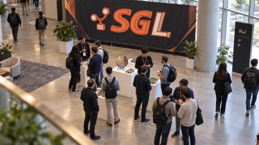 Attendees gather around silicon wafers and circuit boards at an SGLang summit.