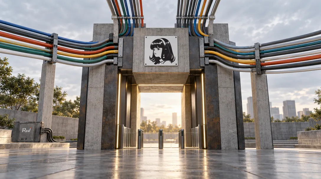 Many colored conduits converge into an open gateway beneath a Nous Research sign.