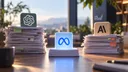 Stacks of papers on a desk support signs bearing the OpenAI logo, Meta infinity symbol, and “AI” lettering.