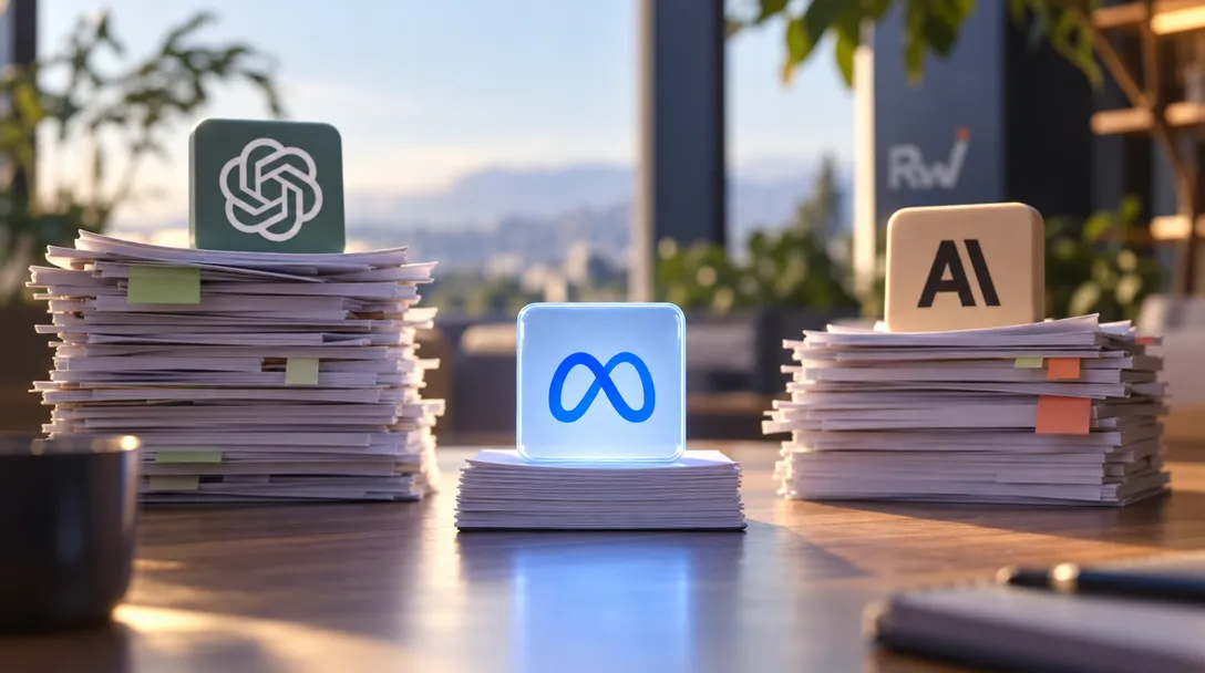 Stacks of papers on a desk support signs bearing the OpenAI logo, Meta infinity symbol, and “AI” lettering.