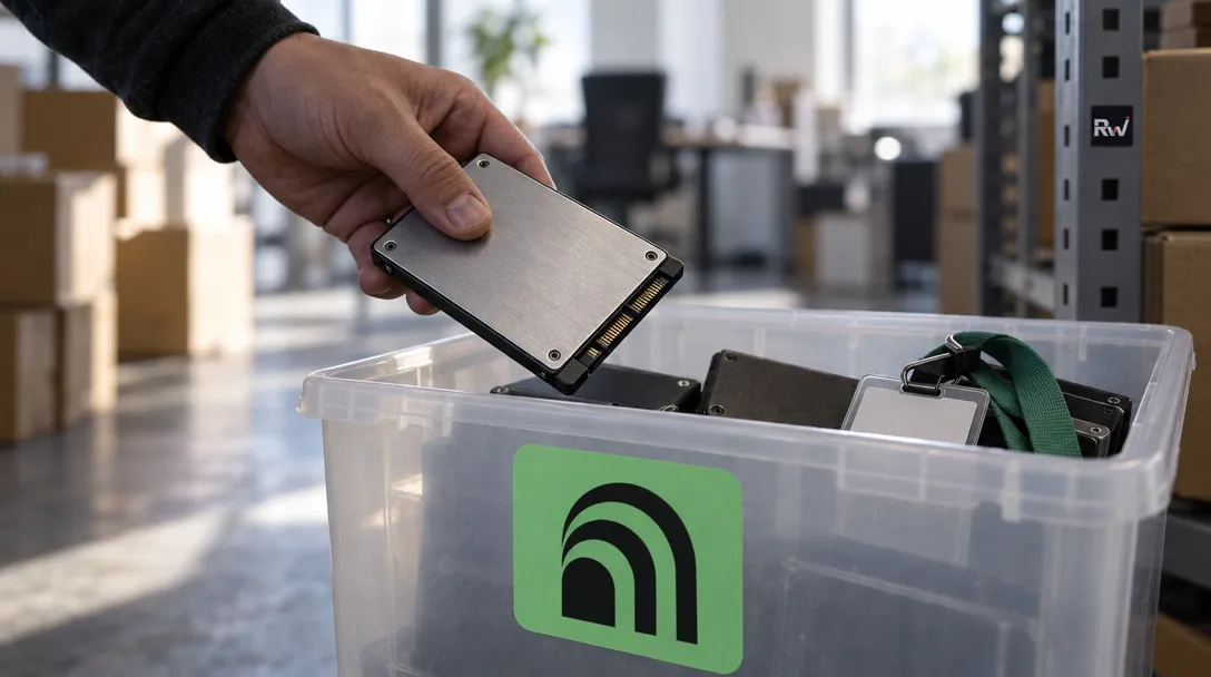 A hand places a storage drive in a SimpleClosure-labeled archive bin beside retired drives and an employee access badge.