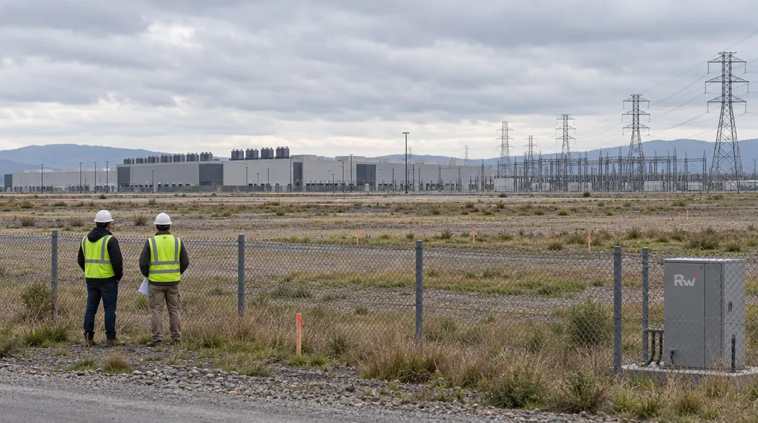 Two site assessors look across a proposed data-center site with power lines and a distant industrial building.