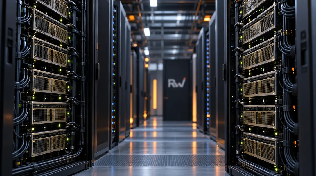 Rows of server racks with bundled cables and glowing status lights line an aisle; a dark door bears the letters “R/w.”