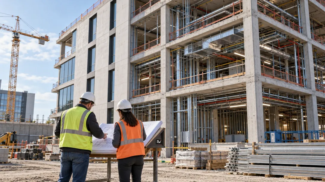 Two hard-hat workers review blueprints beside a partially built concrete building, with a crane and stacked construction materials nearby.
