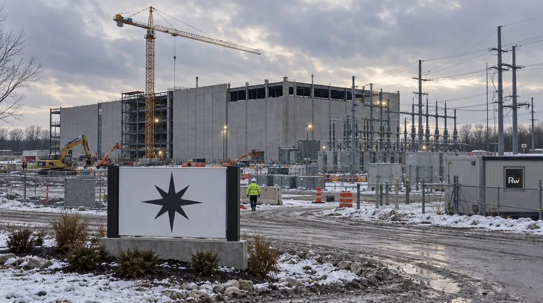 A SOAR-branded site sign stands before an unfinished Ohio computing campus, cranes, and new electrical infrastructure.