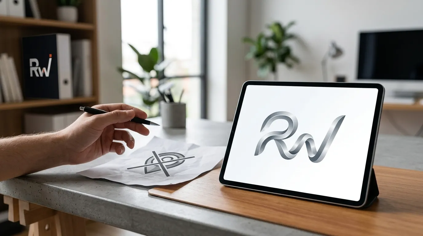 A hand rests on a minimalist desk next to a discarded sketch and a tablet displaying a new, clean design, symbolizing a company's rebranding.
