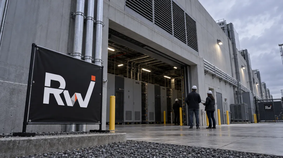 A Solidion Technology event sign stands beside a data-center power building with generic backup-power cabinets visible at the service bay.