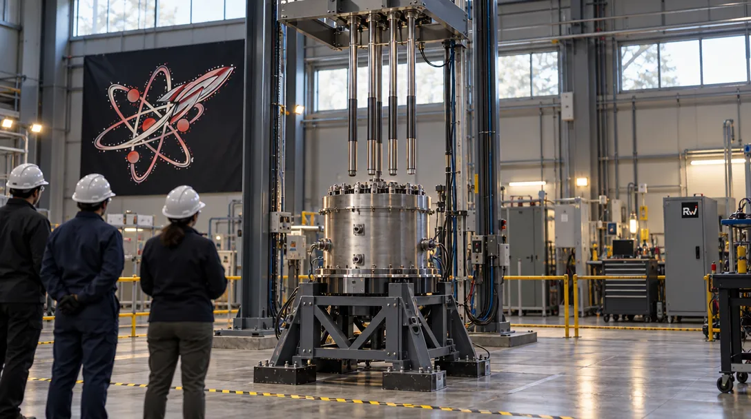 A SpaceNukes sign hangs behind engineers observing control rods poised over a compact reactor test vessel.