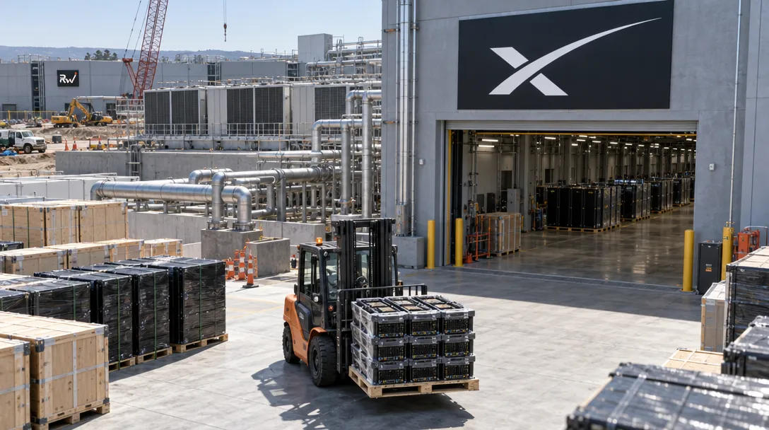 A forklift carries a pallet of equipment outside an industrial facility with a large X logo above the open bay.