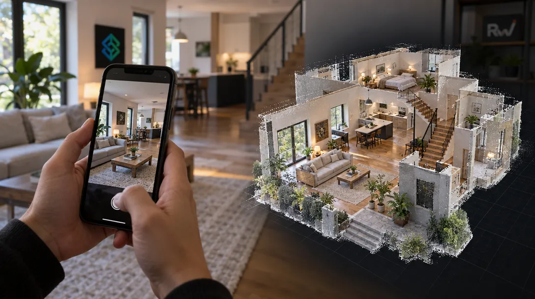 Hands hold a smartphone showing a furnished living room beside a floating 3D cutaway model of the home.