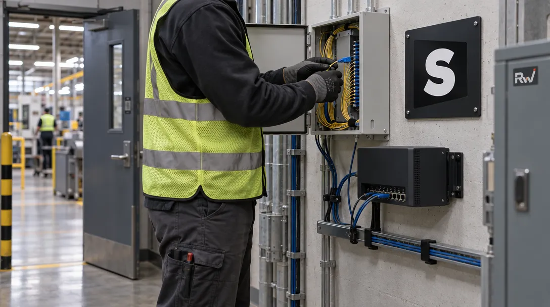 A technician connects fiber leads at a secured enterprise network gateway beneath a Speakeasy sign.