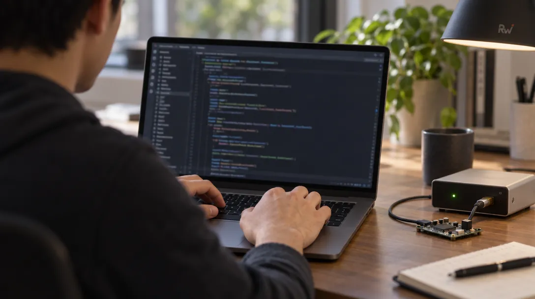 A developer reviews indistinct code on a laptop beside a small test instrument.