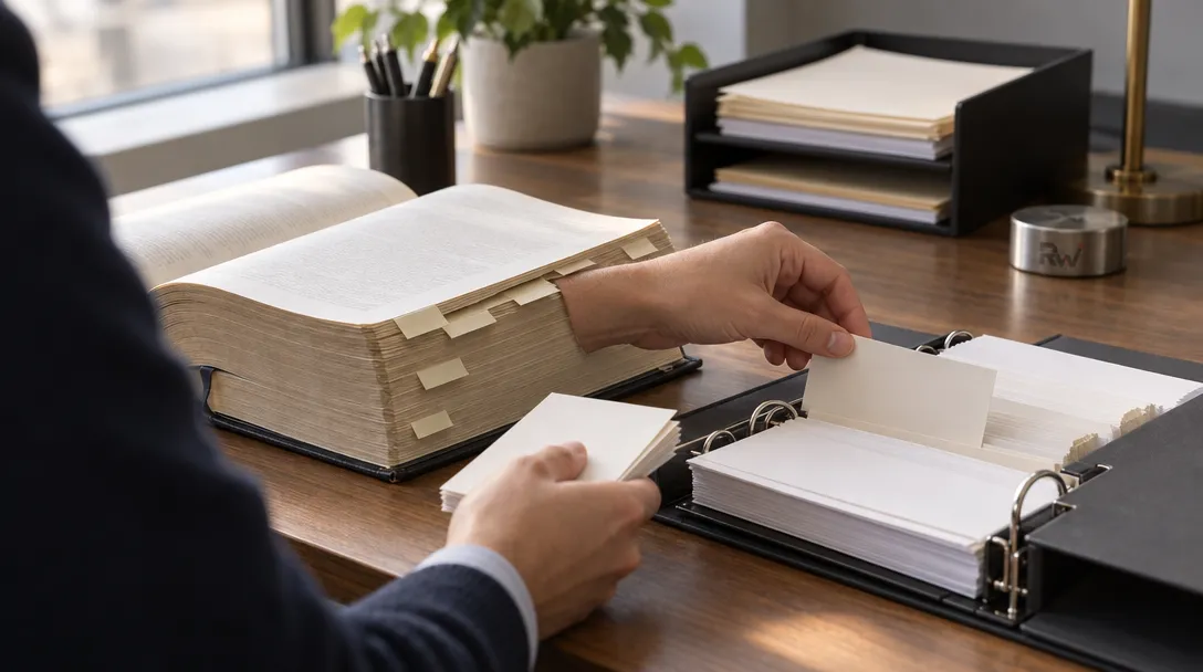 An open legal reference book sits beside organized bank workflow files, illustrating Spring Labs’ acquisition of Winnow.