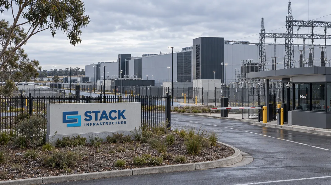 A STACK Infrastructure sign marks a large Melbourne data-center campus beside high-voltage power infrastructure.