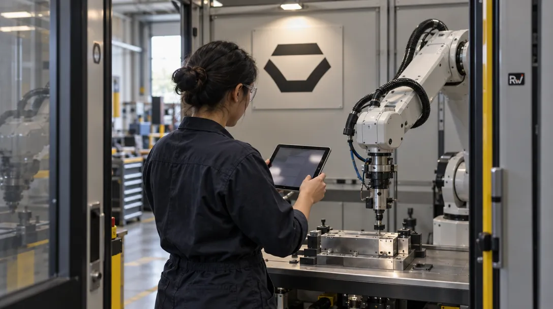 A factory worker holds an iPad beside a robot arm in a work cell with a Standard Bots sign on the wall.