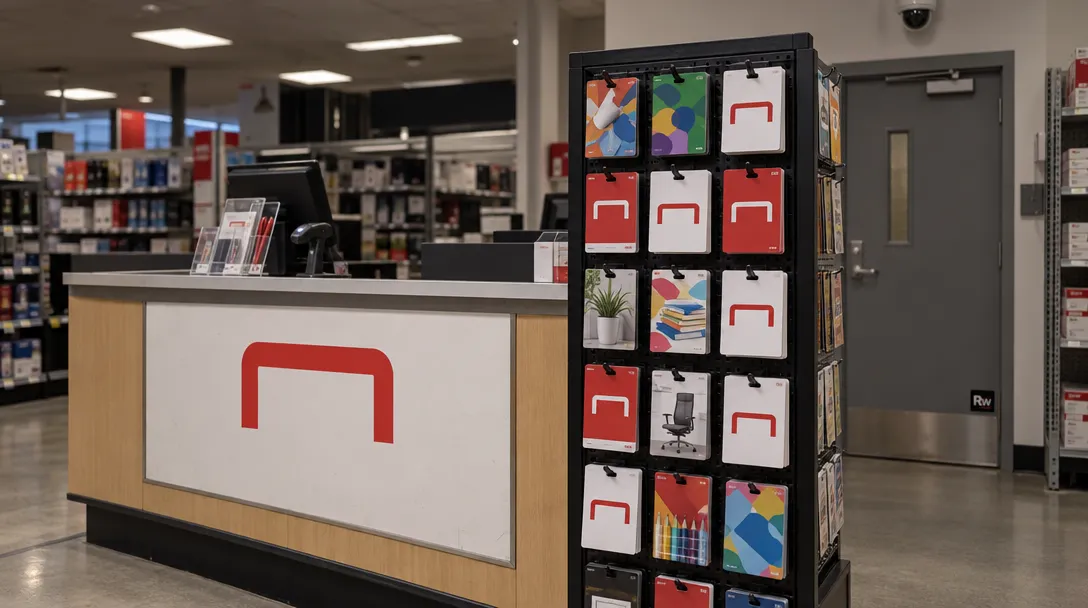 A rack of Staples gift cards sits on a customer-service counter beside a staff-only doorway in a Staples store.