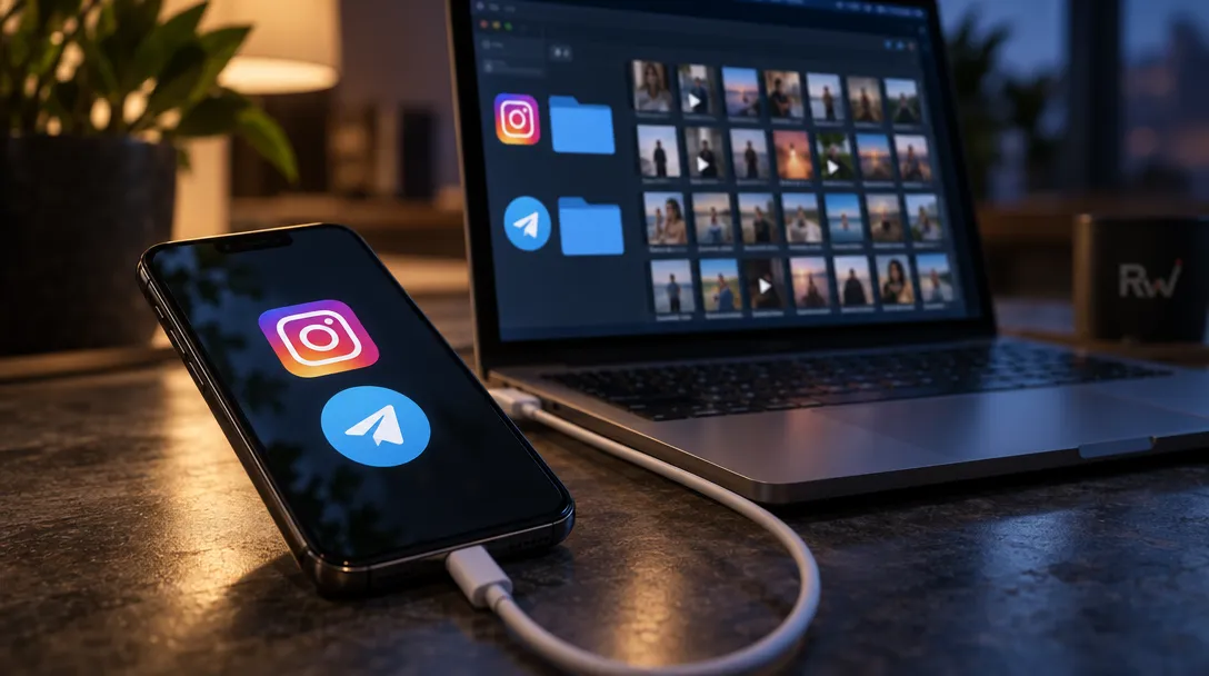A phone connected by a cable to a laptop shows Instagram and Telegram logos, while the laptop screen displays folders and photo thumbnails.