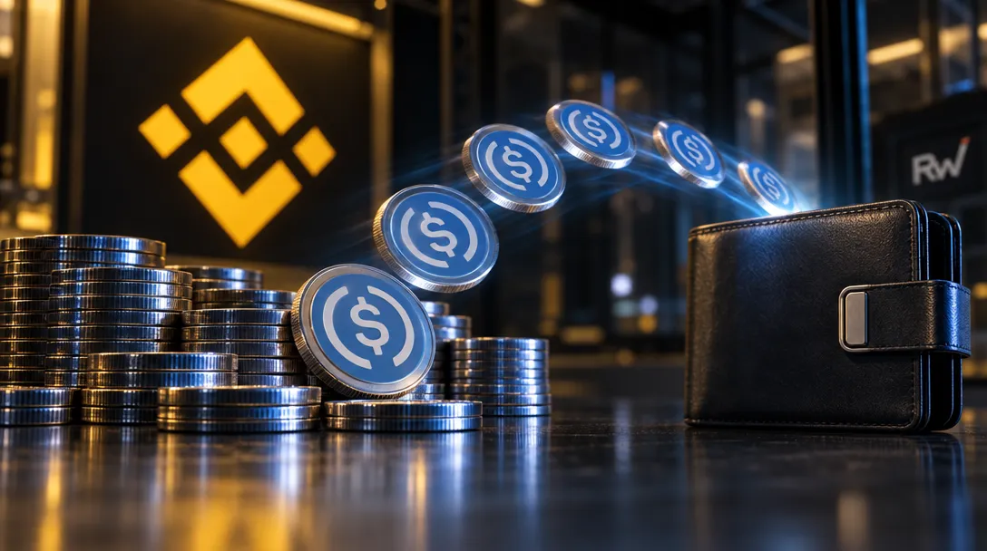 Stacks of silver coins sit beside a black wallet as blue dollar-symbol tokens arc overhead, with a yellow Binance logo and “RW” lettering behind them.